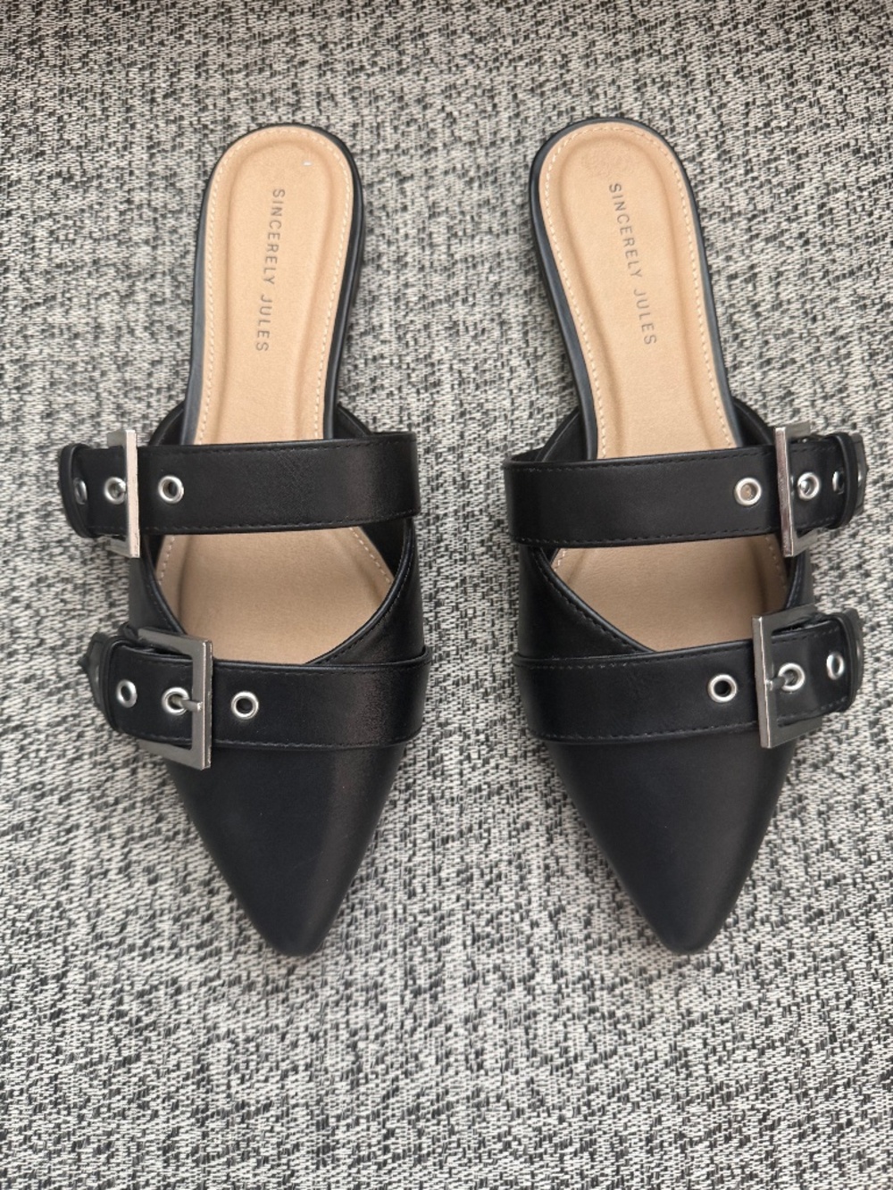 Sincerely Jules: Pointed Flat Mule Shoes with Buckles